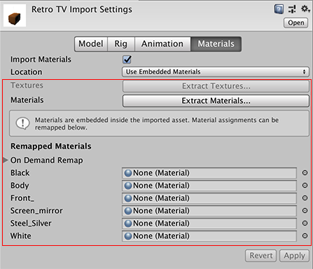 Use Embedded Materials 的导入设置