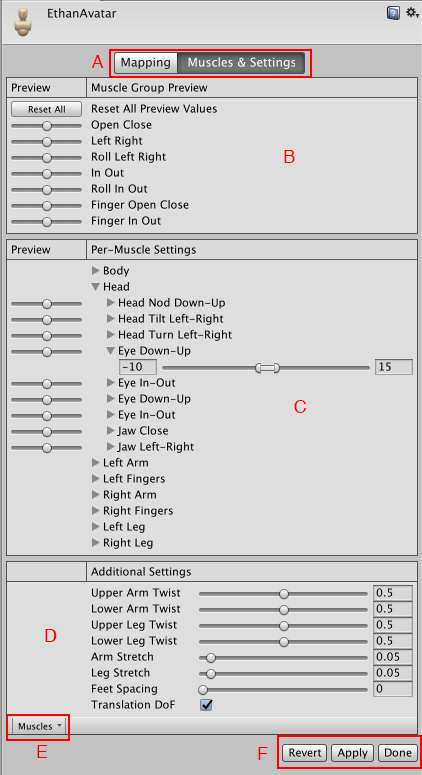 Avatar 窗口中的 Muscles &amp; Settings 选项卡