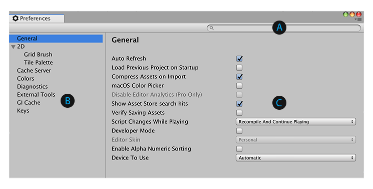 Unity Preferences 窗口