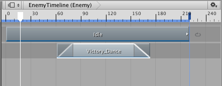 第一个轨道上的动画剪辑是一个重复的空闲循环（其中的人形游戏对象静止不动）。第二个轨道中的动画剪辑缓入 Victory_Dance 动作，并缓出返回到空闲循环。